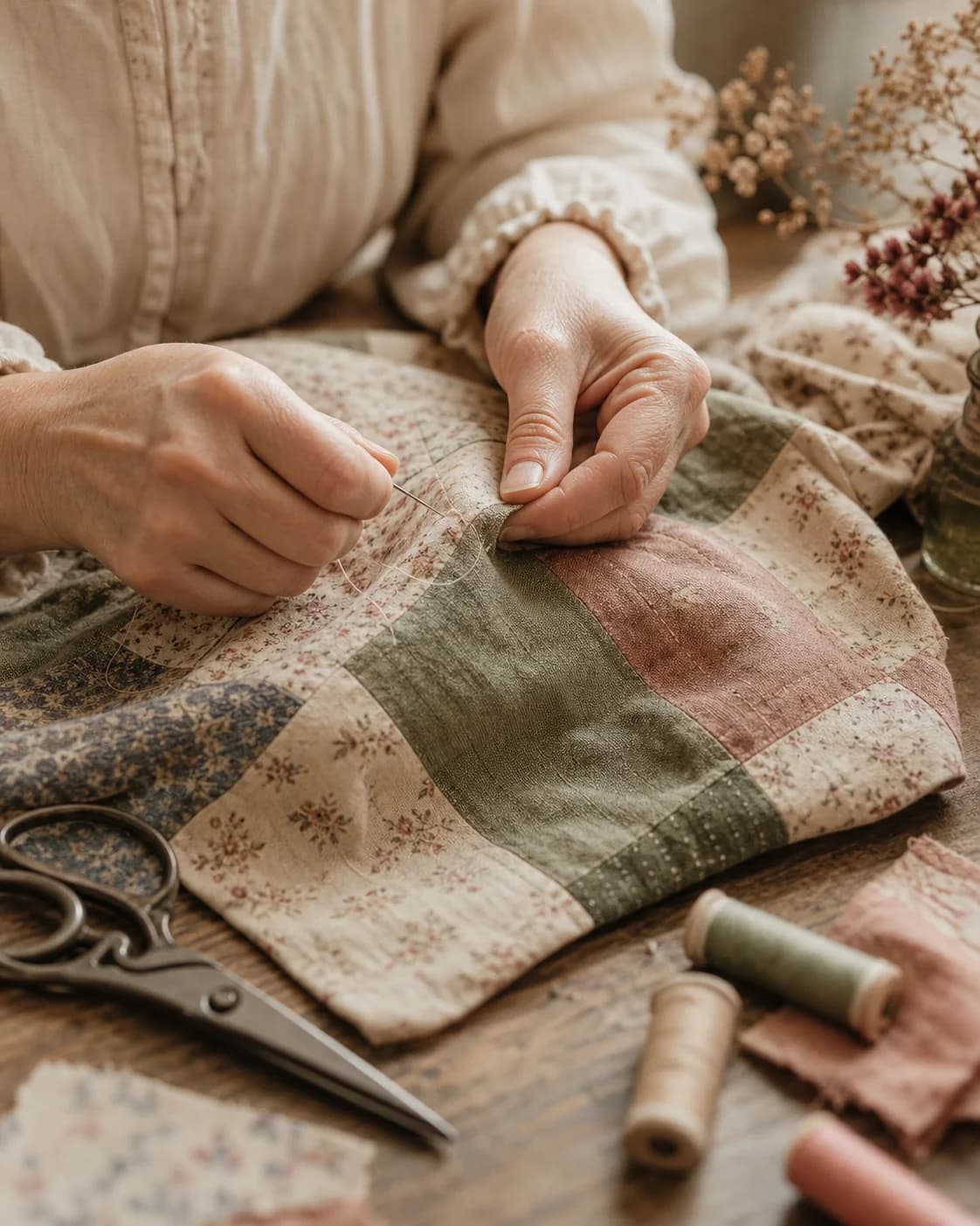 Hände beim Nähen eines Patchwork-Stoffs