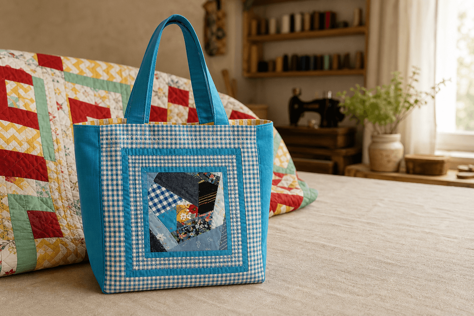 Patchwork-Tasche aus gemusterten Stoffstücken auf hellem Leinen