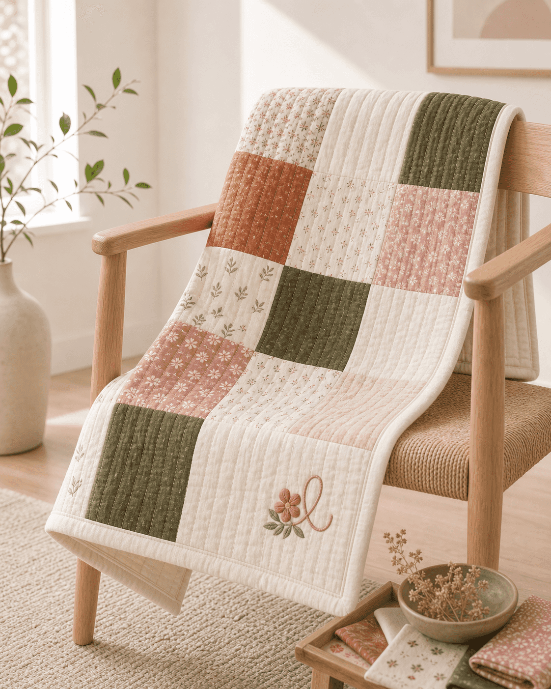 Babydecke Blütenpatchwork Rosa Olive - handgemachtes Atelierstück aus der Arndt Nähstube