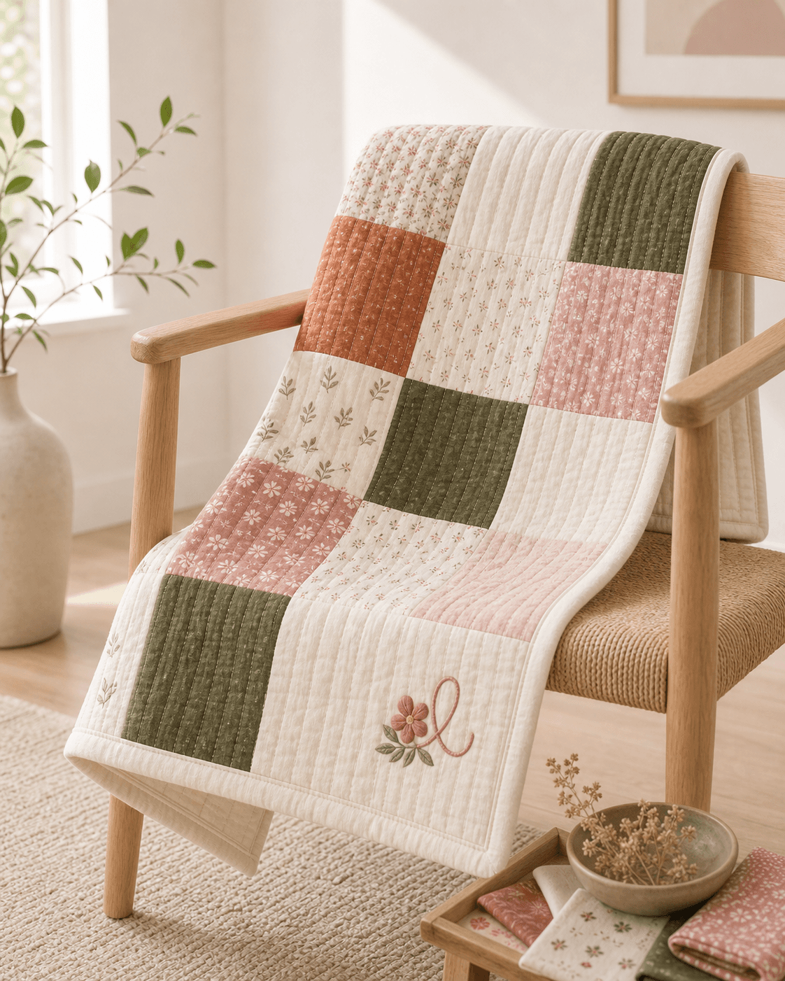 Babydecke Blütenpatchwork Rosa Olive - Ansicht 1