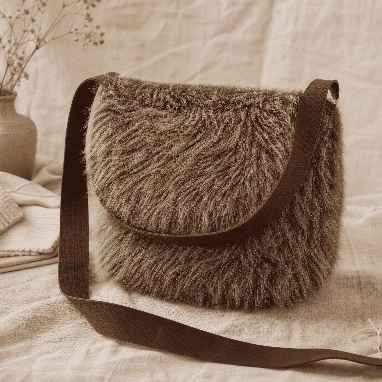 Kunstfell Schultertasche Braun - handgemachtes Atelierstück aus der Arndt Nähstube