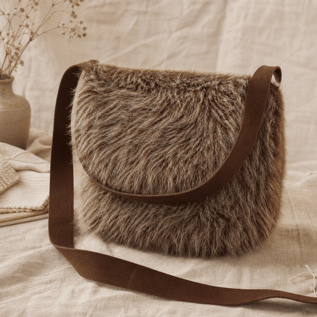 Kunstfell Schultertasche Braun - Ansicht 1